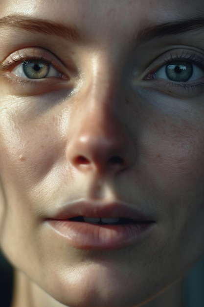 A close up of a woman's face with green eyes