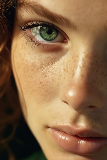 A close up of a woman's face with green eyes