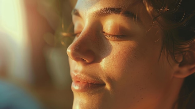 A close up of a woman s face with her eyes closed