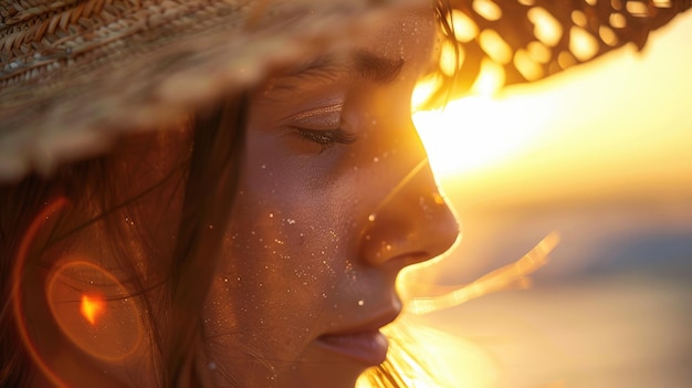 Foto un primo piano del viso di una donna con il sole che splende attraverso il suo cappello