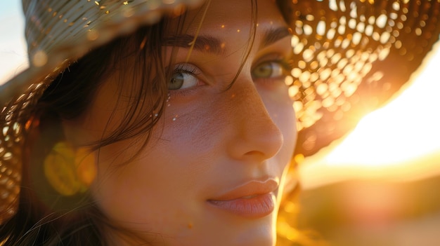 Photo a close up of a woman s face with the sun shining through her hat aig