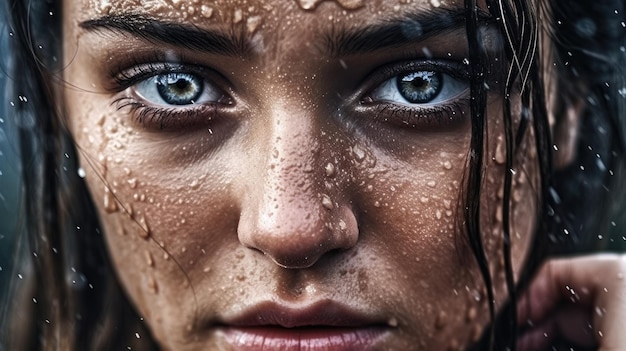 A close up of a woman's face with water droplets on her face