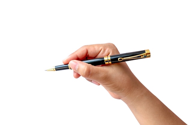 Close-up of a woman's hand holding a pen and writing gesture on a white background with the clipping path.