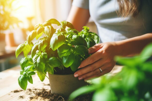 Close up woman's hand picking leaves of basil greenery Home gardening on kitchen AI generated