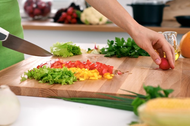 Close up of woman's hands cooking in the kitchen Housewife slicing fresh salad