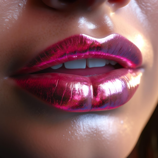 Close up of woman's lips with bright pink and red lipstick Generative AI