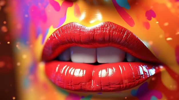 A close up of a woman's lips with bright red lipsticks