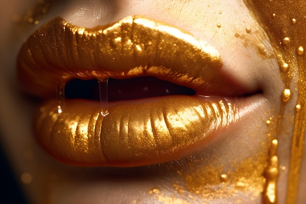 A close up of a woman's lips with gold paint and a gold lip.