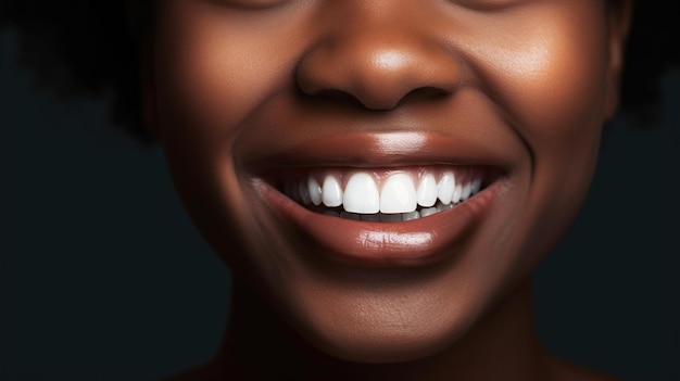 A close up of a woman's mouth with bright white teeth