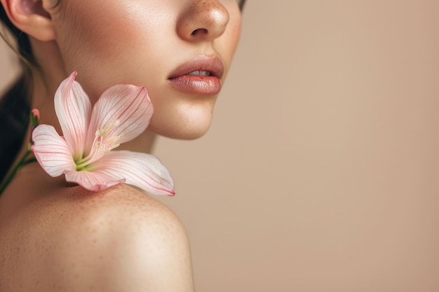 柔らかいベージュの背景に自然の美しさを示す細かいピンクの花で飾られた女性の肩のクローズアップ