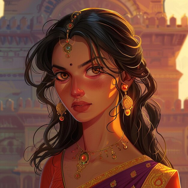 a close up of a woman in a sari with a castle in the background generative ai