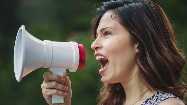 Close up of woman shouting via the loudspeaker