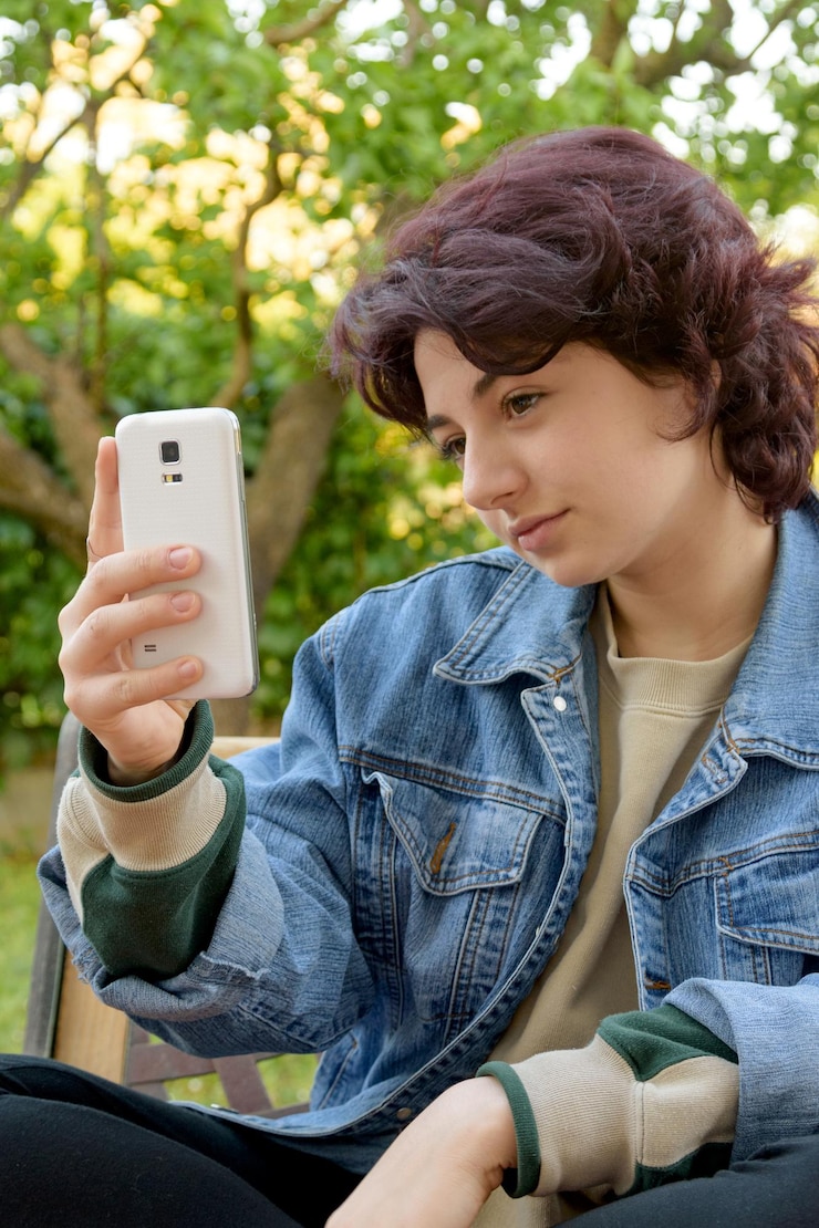 Photo close-up of woman taking selfie while sitting on bench at park