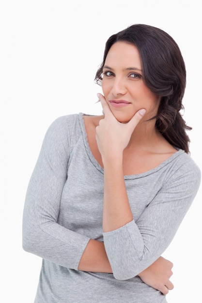 Close up of woman in thinkers pose