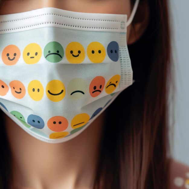 close up woman wear medical mask with sad smile print ai generative