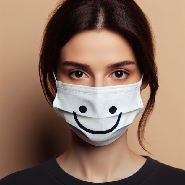 가까운 여성은 미소 인쇄와 함께 의료 마스크를 착용합니다.