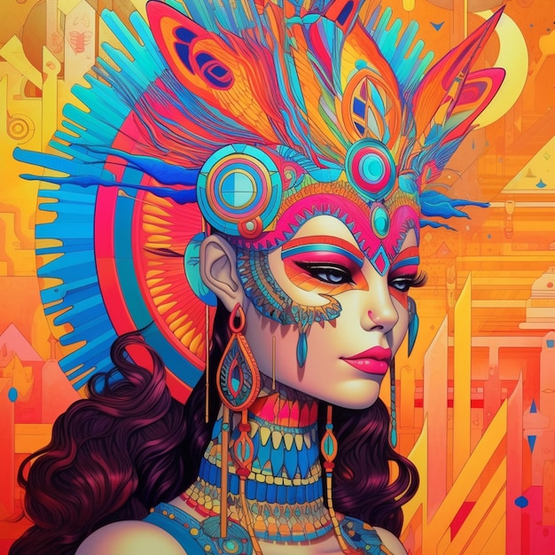 A close up of a woman wearing a colorful headdress and feathers generative ai