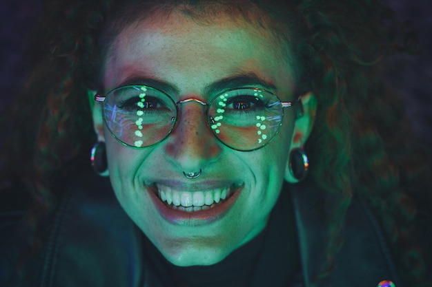 close-up of woman wearing eyeglasses