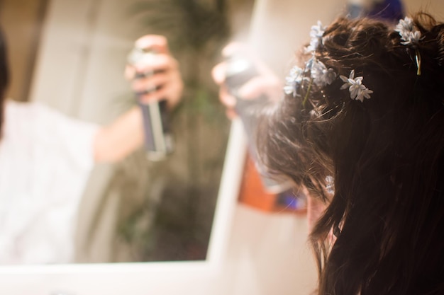 Photo close-up of woman wearing flowers