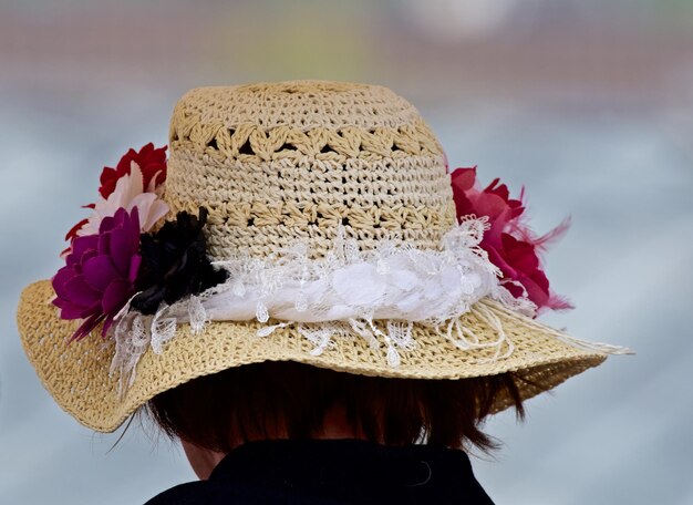 天空を背景に帽子をかぶった女性のクローズアップ