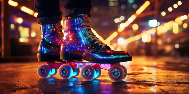 Close up of woman wearing roller skates in the street at night