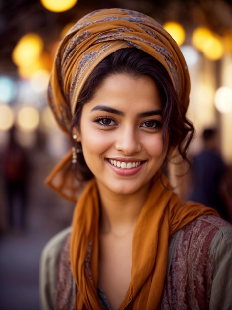 Foto un primo piano di una donna che indossa una sciarpa sorridente