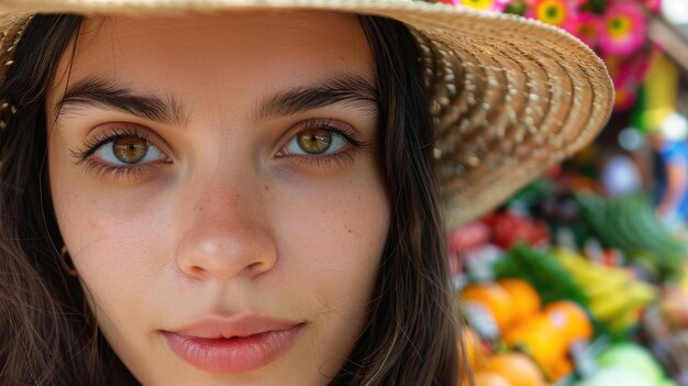 Photo a close up of a woman wearing a straw hat and smiling aig