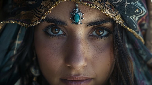 A close up of a woman wearing a turban and a turquoise pendant on her forehead