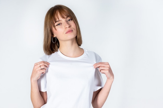 Close up on woman in a white blouse