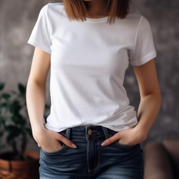 a close up of a woman in a white shirt and jeans generative ai