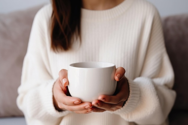 Close up of woman in white sweater holding cup of hot drink