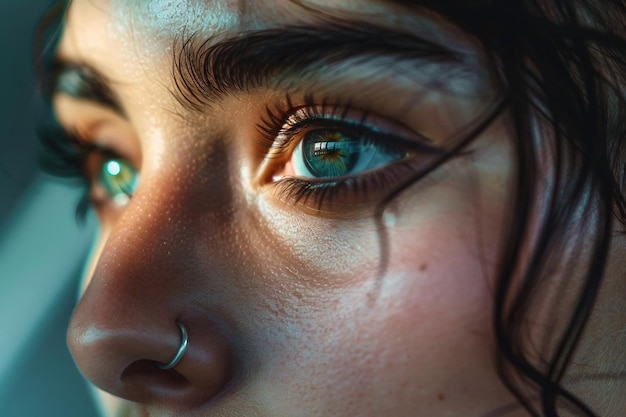 美しい緑の目と鼻のピアスを持つ女性のクローズアップ