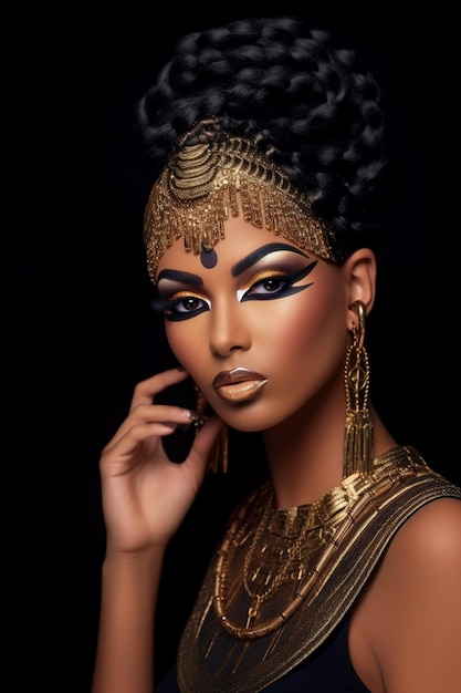 a close up of a woman with a black and gold make up generative ai