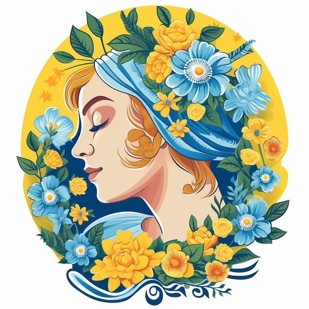 A close up of a woman with a blue hat and flowers generative ai