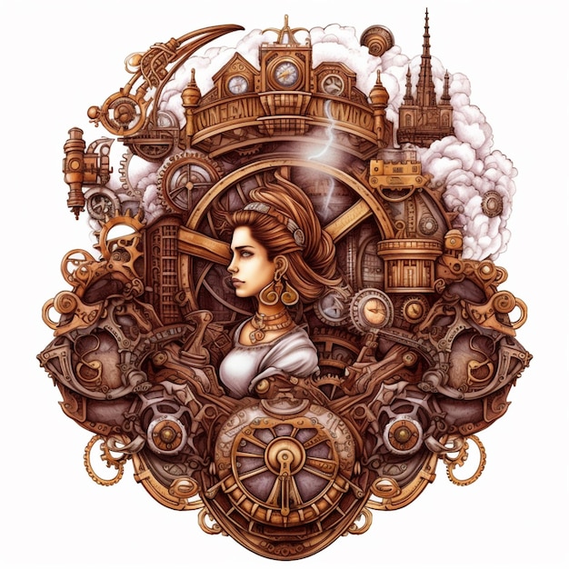 a close up of a woman with a clock and steampunk generative ai