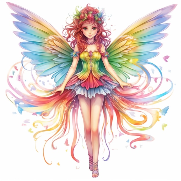 A close up of a woman with a colorful dress and wings generative ai