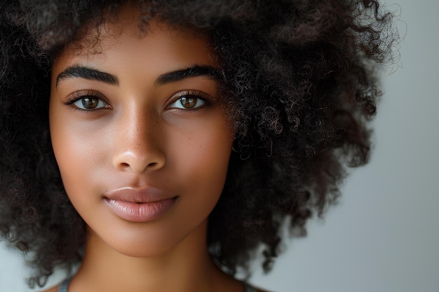 A close up of a woman with a curly haircut and blue eyeshadow with a neutral background a stock