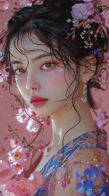 a close up of a woman with a flower in her hair generative ai