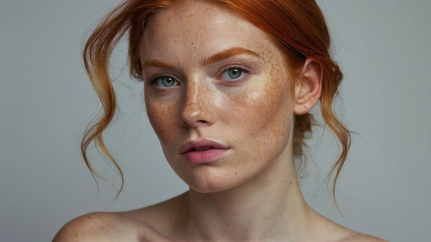 a close up of a woman with freckles on her face