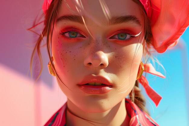 A close up of a woman with freckles on her face