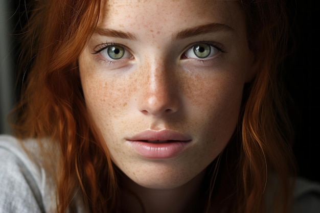 a close up of a woman with freckles on her face