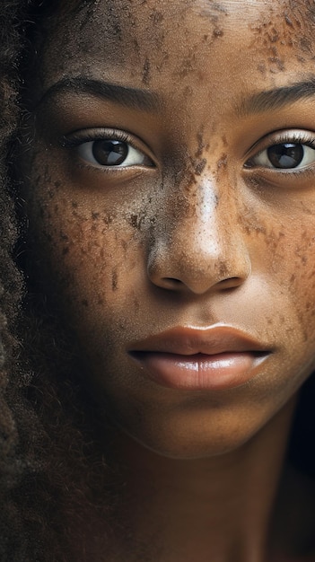 a close up of a woman with freckles on her face