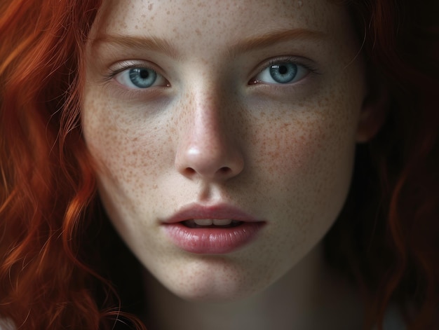 a close up of a woman with freckles