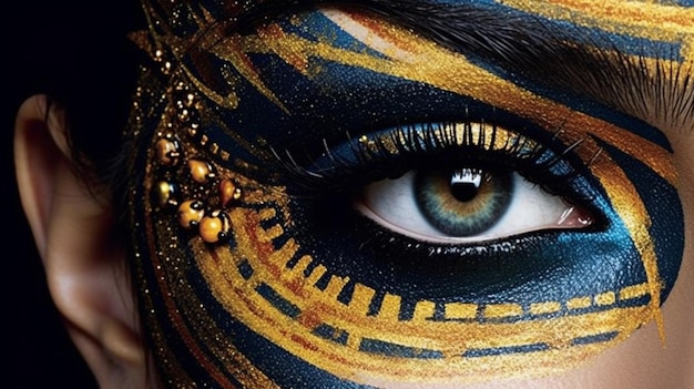 Premium AI Image A Close Up Of A Woman With A Gold And Black Face premium-ai-image-a-close-up-of-a-woman-with-a-gold-and-black-face