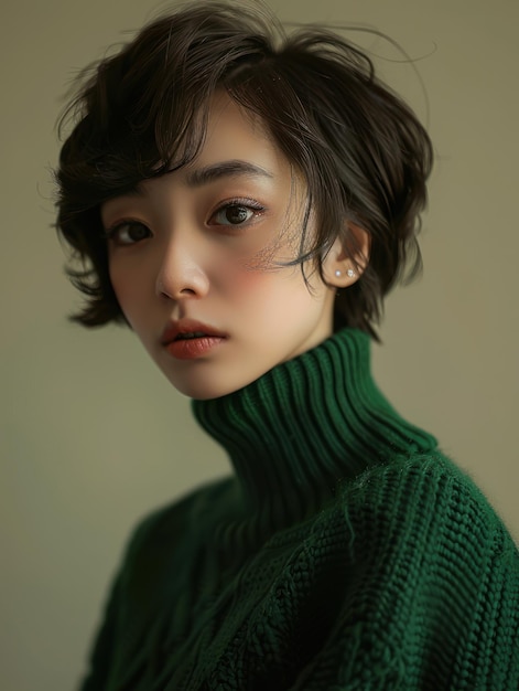 a close up of a woman with a green sweater and earrings