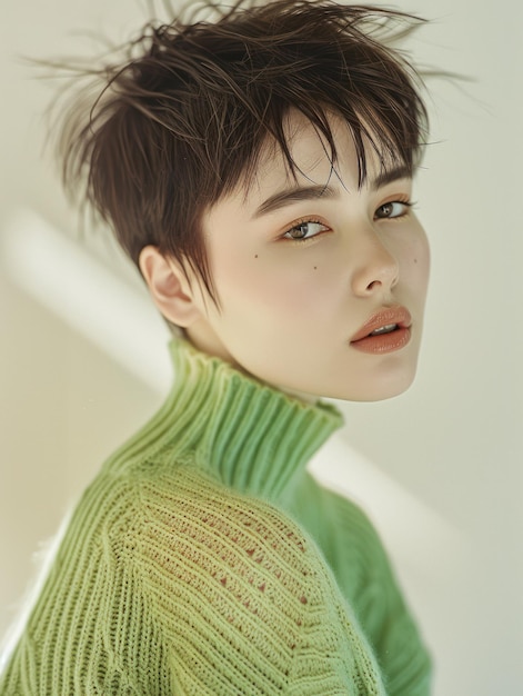 a close up of a woman with a green sweater and earrings