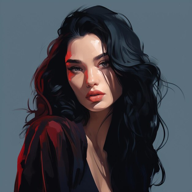 a close up of a woman with long black hair and a red shirt generative ai