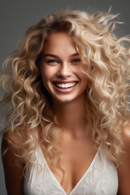 Close up of woman with long blonde hair smiling at the camera Generative AI