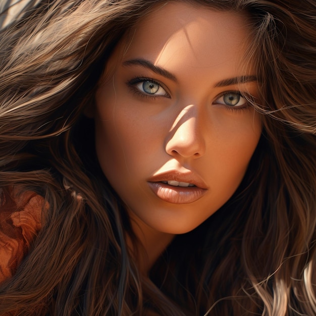 a close up of a woman with long brown hair