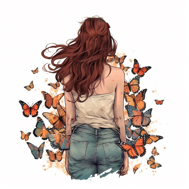 Photo a close up of a woman with long hair and butterflies around her generative ai